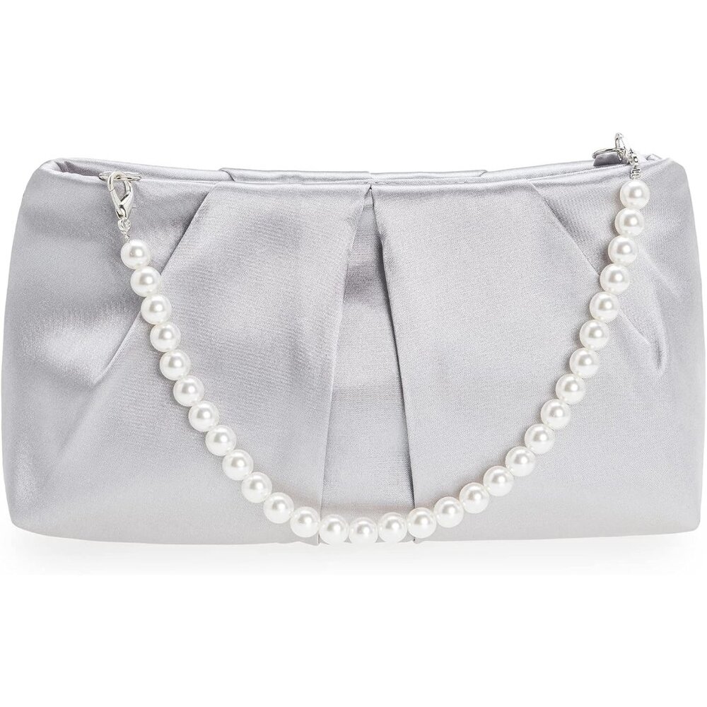 ⚡ Women's Silver Evening‎ Formal Pleated Satin Fabric Zipper Closure Clutch Bag